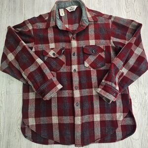 Vintage 60s 70s Woolrich Wool Shirt Jacket Shacket Large Red Grey Plaid Flannel